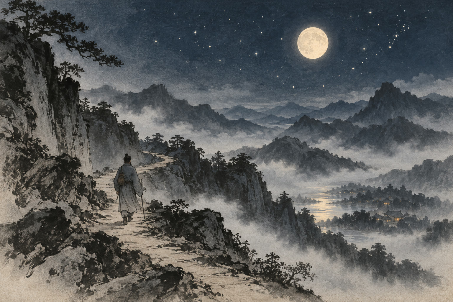 古风水墨画：旅人沿曲折山路南行，远处月亮与群星照亮夜空